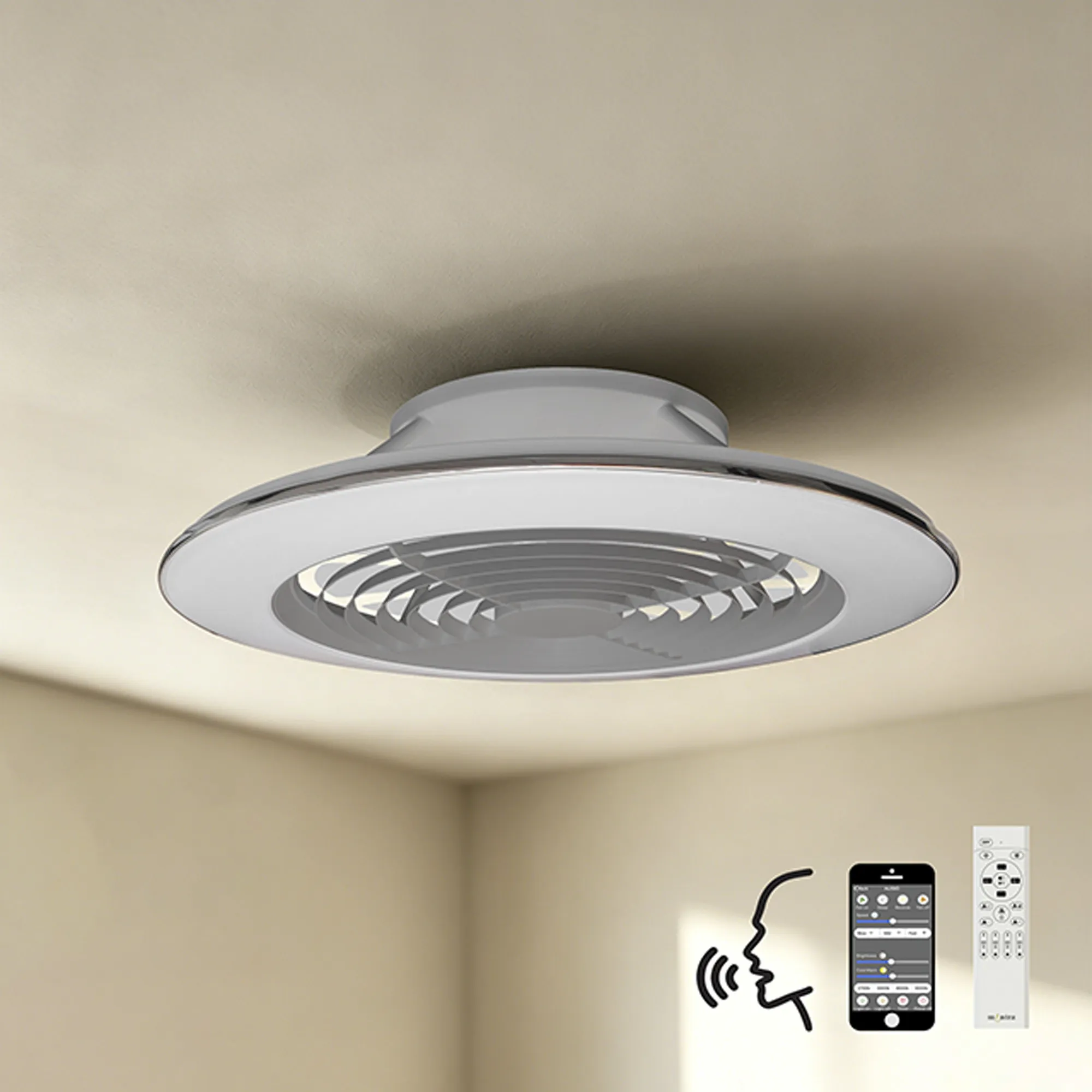 Alisio XL 73.5cm 95W LED Dimmable Ceiling Light & 58W DC Fan With Single Speed Reverse, Silver c/w Remote, APP & Alexa/Google Voice Control, 5900lm M7491  Mantra Ventilacion Alisio XL